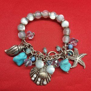 Nautical Charm Bracelet Shell Bead Turquoise Bangle  Bracelet